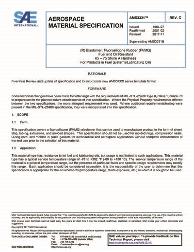 SAE AMS 3331C 2017 Elastomer Fluorosilicone Rubber FVMQ Fuel And