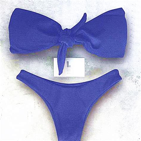 Sexy Hot Pure Color Bowknot Strapless Two Piece Bikini Navy Blue On Luulla