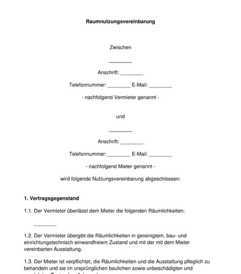 Raumnutzungsvereinbarung Muster Vorlage Word Und Pdf