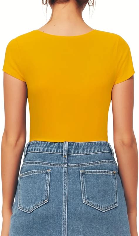 Mangopop Womens Square Neck Bodysuit Short Sleeve Shirt Tops Short