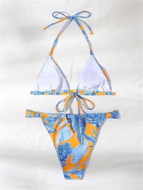 Emmiol Free Shipping Tropical Leaf Halter Bikini Set Blue M In