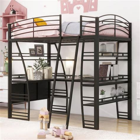 Harper Bright Designs Black Full Size Metal Loft Bed With 4 Tier