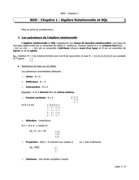 Bdd Chapitre 1 Algèbre Relationnelle Et Sql