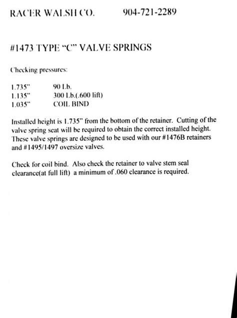 2 3 Valve Spring Set Type C RWA 1473 Racer Walsh