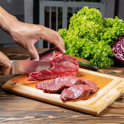 Premium Ai Image Chef Cuts Beef Into Steaks On A Wooden Plank