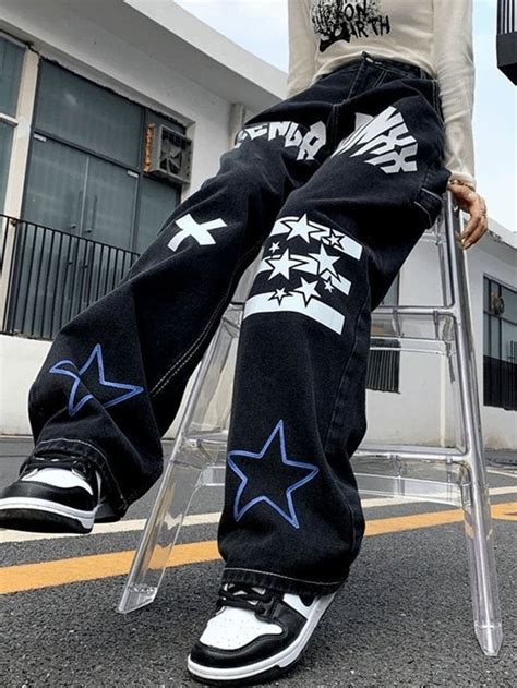 Star Letter Graphic Cargo Jeans AnotherChill Swaggy Outfits Edgy