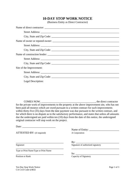 10 Day Stop Work Order Business Entity Corporation Or Llc California Form Fill Out And Sign