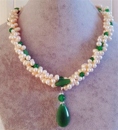 3 Row 6 7mm White Freshwater Cultured Pearl Green Jade Necklace 18 In