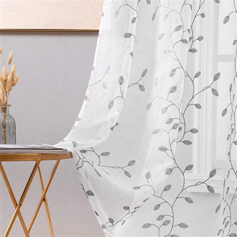 Miulee White Sheer Curtains With Embroidered Leaf Pattern For Living