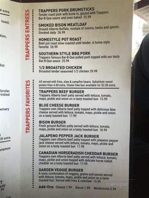 Menu Of Trappers Mountain Grill In Division No 3 Ab T0k 2m0