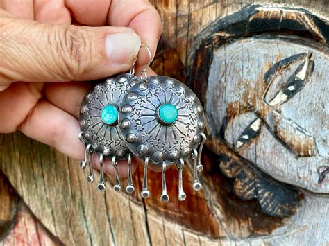 Vintage Turquoise Sterling Silver Concho Post Earrings With Dangles