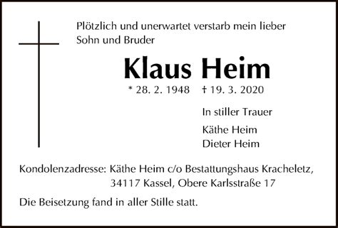 Traueranzeigen Von Klaus Heim Trauer Hna De