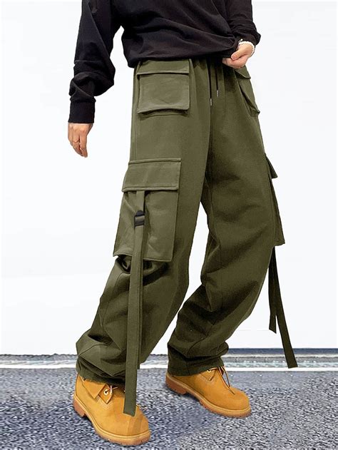 Men Buckled Flap Pocket Side Drawstring Waist Cargo Pants Cargo Pants