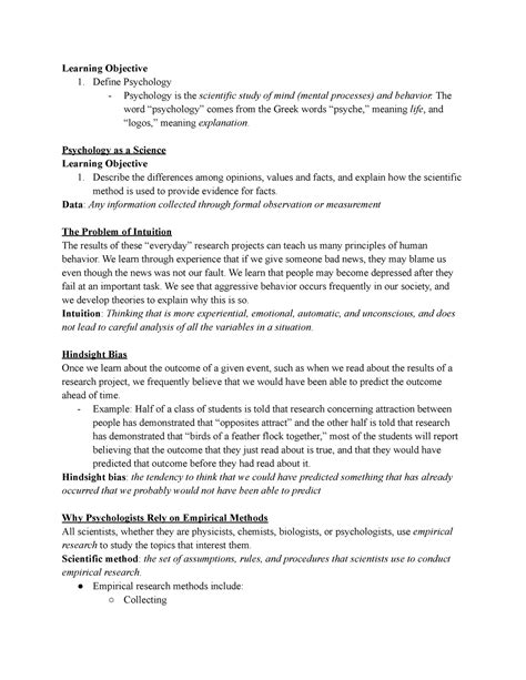 Chapter 1 Introducing Psychology Notes Learning Objective 1 Define