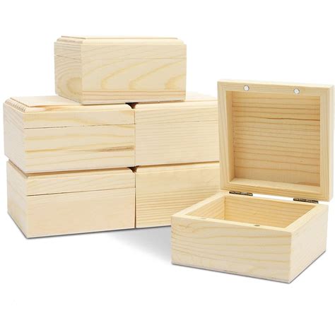 6 Pack Unfinished Wooden Boxes With Hinged Lids Pinewood Magnetic Wood