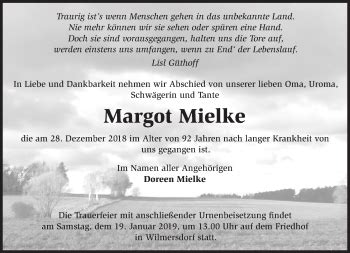 Traueranzeigen von Margot Mielke Märkische Onlinezeitung Trauerportal