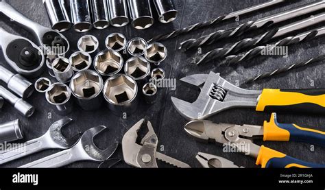 Composition with a variety of metal tools Stock Photo - Alamy