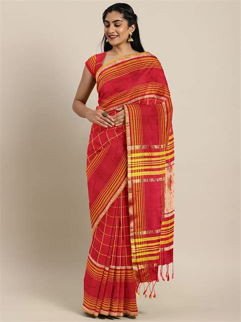 Buy The Chennai Silks Red And Mustard Yellow Pure Silk Checked