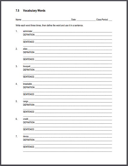 Vocabulary Terms 75 Sentences And Definitions Worksheet Student Handouts