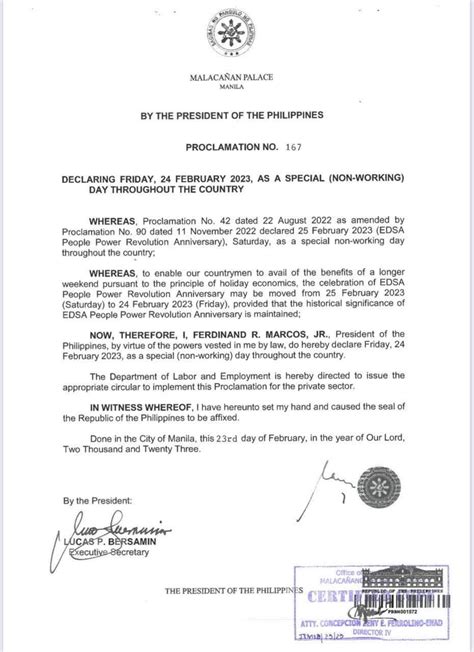 Malacañang declares February 24, 2023 as special non-working holiday ...