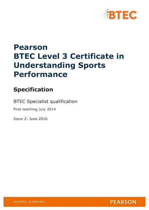 Pdf Pearson Btec Level 3 Certificate In Understanding Sports · Pearson Btec Level 3