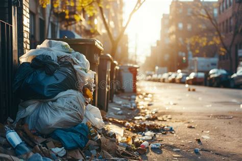 Overflowing Garbage Can In An Urban Area Mess And Trash On The Street