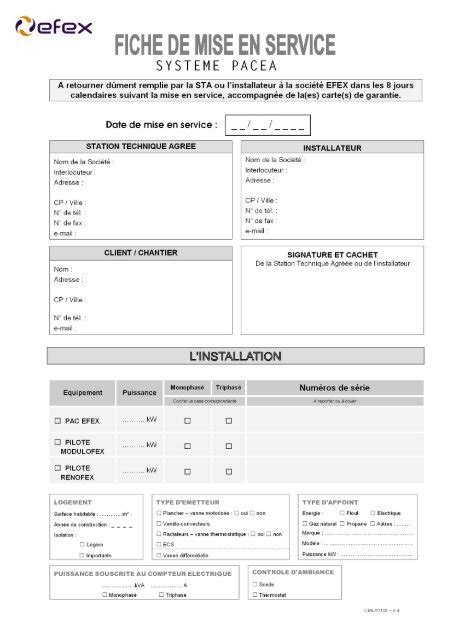 Fiche De Mise En Service Efex