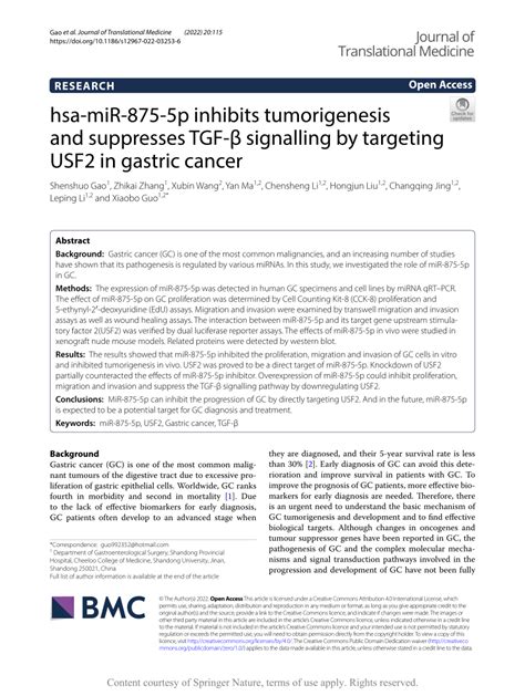 Pdf Hsa Mir P Inhibits Tumorigenesis And Suppresses Tgf