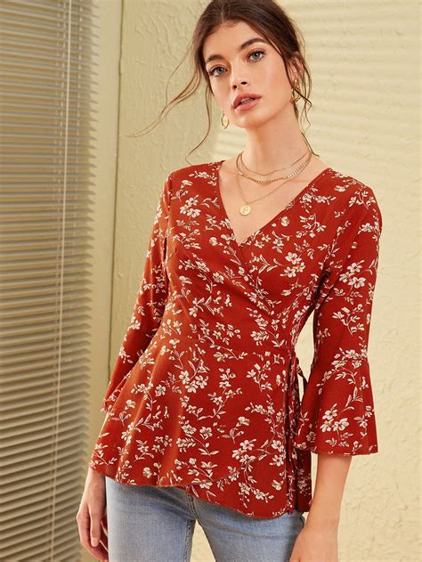 Ditsy Floral Tie Side Wrap Blouse Boho Wraps Blouses For Women Wrap