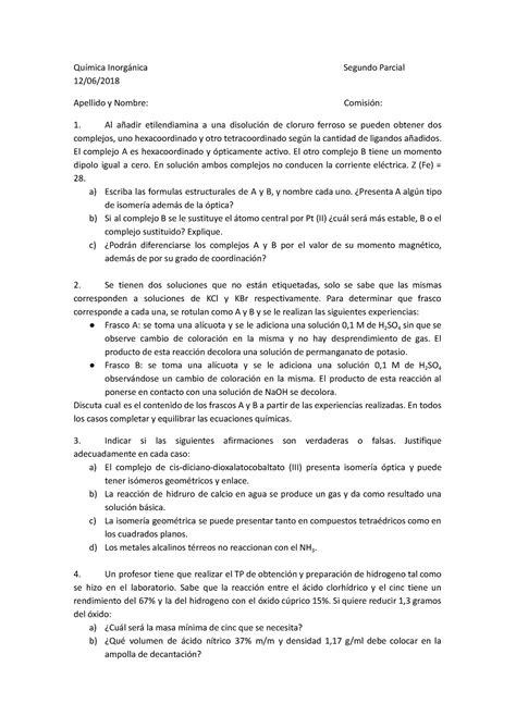 Segundo Parcial Qu Mica Inorg Nica Segundo Parcial