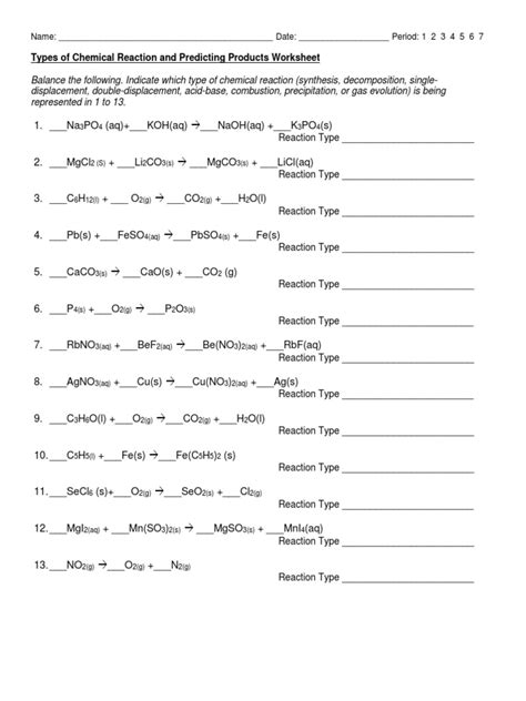 Types Of Chemical Reaction And Predicting Products Worksheet Pdf Worksheets Library