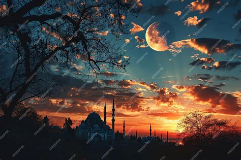 Premium Photo | Mosque sunset sky moonholy night islamic night and ...