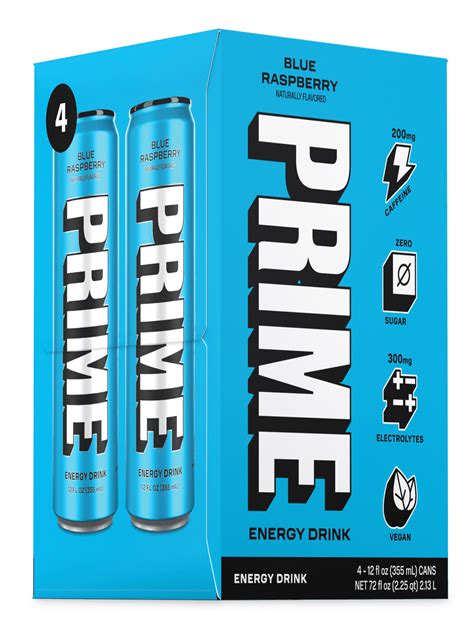 Prime Energy Drink Blue Raspberry 12oz Cans 4 Pack