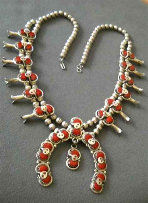 Sterling Silver Red Coral Squash Blossom Native Necklace Reserve Set