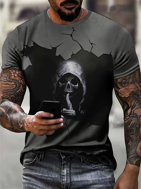 Skull Print T Shirt Mens Casual Street Style Stretch Round Temu