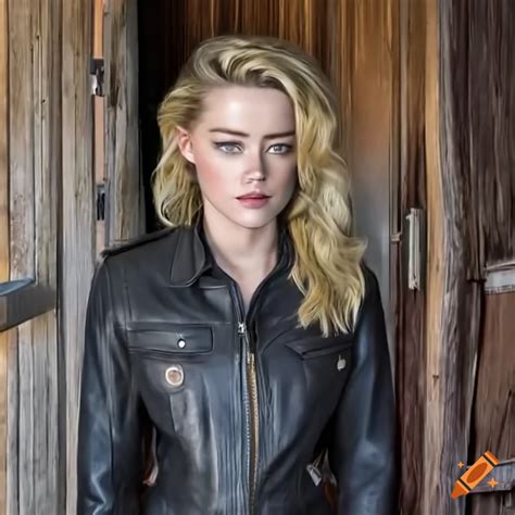 Blonde Actress In Country Plaid Shirt And Black Leather Zip Front