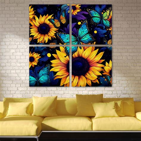 Ownta Starry Sky Sunflower Butterfly Pattern 4pc Frameless Canvas Wall