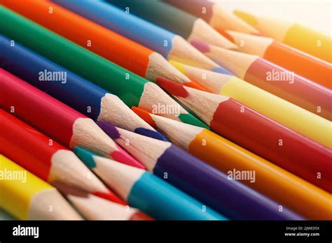 Colored Sharpened Pencils Lie In A Row Close Up Solid Abstract