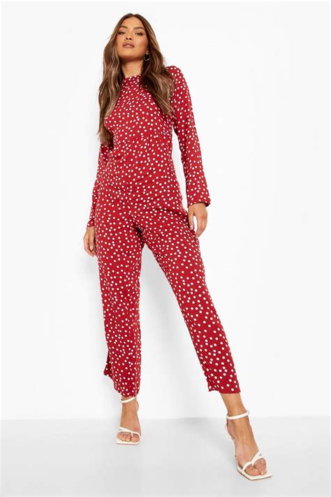 Womens Polka Dot Long Sleeve Smock Jumpsuit Boohoo Uk