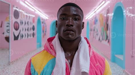Portrait of a young man in a colorful robe, pink hallway background