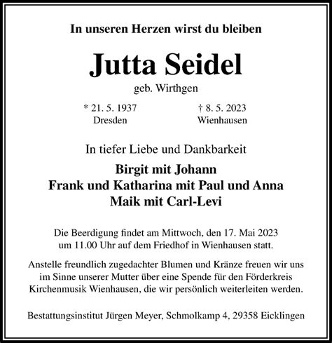 Traueranzeigen Von Jutta Seidel Trauerportal Der Celleschen Zeitung