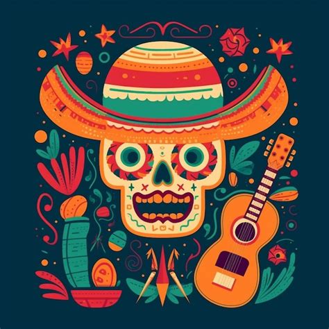 Una colorida ilustración de una calavera mexicana con un sombrero y un