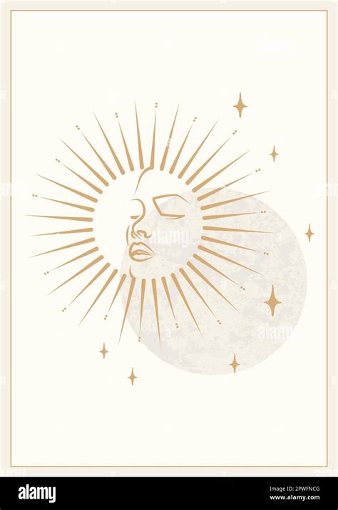 Mystical Drawing Of Sun With Face Moon And Stars Poster Design For Tarot Card Stock Vector