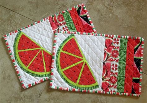 Set Of 2 Mini Quilts Watermelon MUG RUGS From Quilts By Elena Table