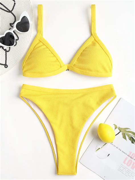 2018 Women Sexy Bikinis Ribbed High Cut Bikini Set Swimsuit Swimming