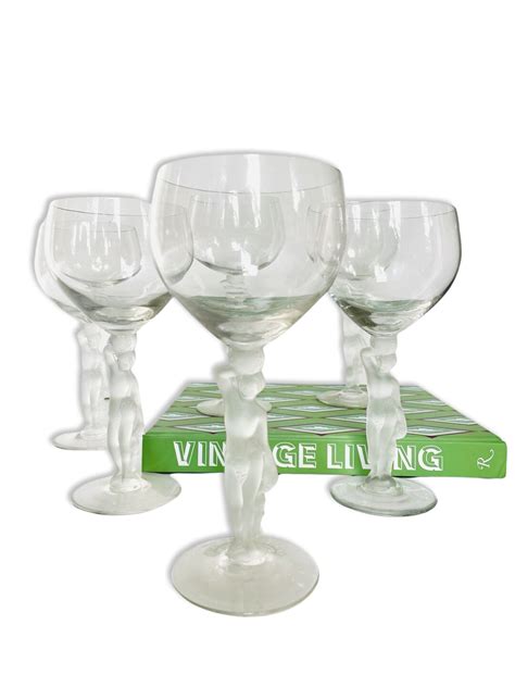 Set Of Vintage Bayel Bacchus Frosted Nude Stem Crystal Wine Glasses