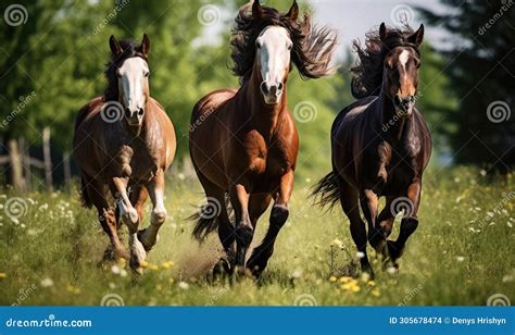 Brown And White Horses Running In A Field Stock Illustration