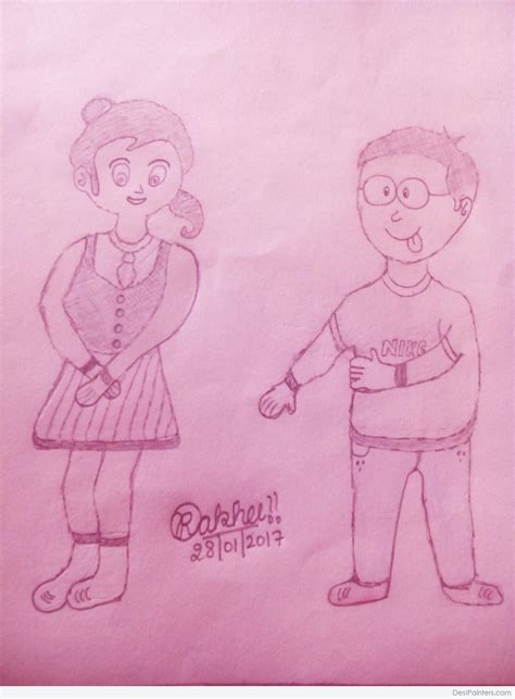 Pencil Sketch of Nobita & Sizuka | DesiPainters.com