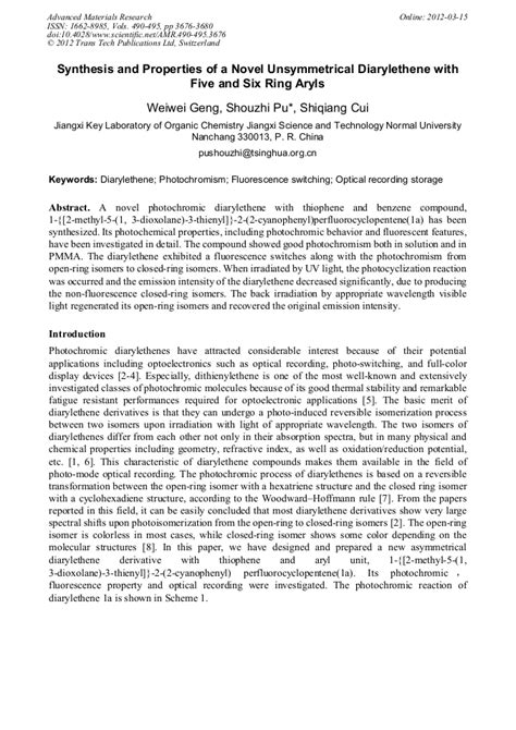 Synthesis And Properties Of A Novel Unsymmetrical Diarylethene With