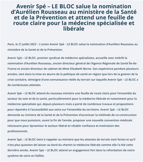 Communiqué AVENIR SPÉ LE BLOC Nomination d Aurélien Rousseau au